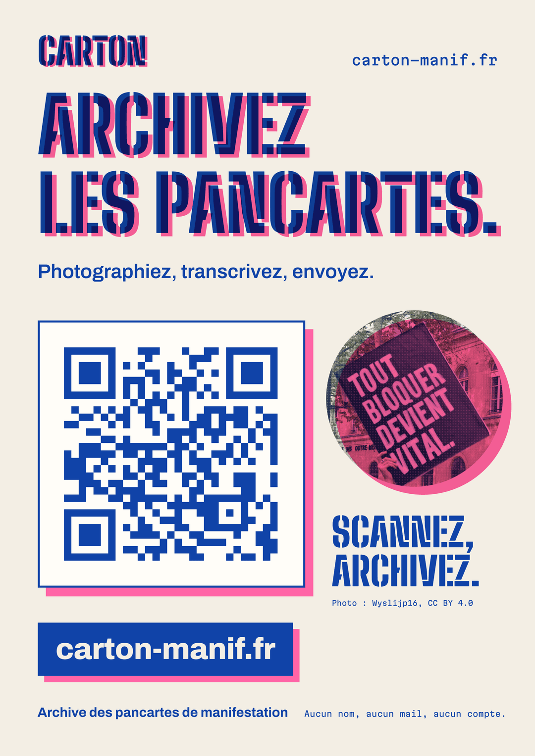Affiche Carton « Archivez les pancartes. », avec un QR code vers carton-manif.fr